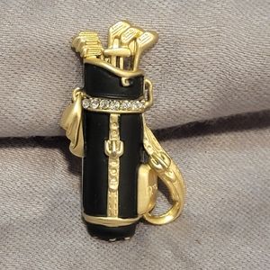 Vintage Goldtone Rhinestone Black Golf Bag Clubs Pin Brooch, Marked AJC